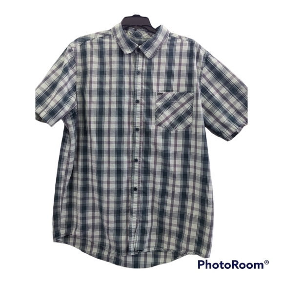 ⭐Hurley blue & gray plaid button up large - flaws - Picture 1 of 5